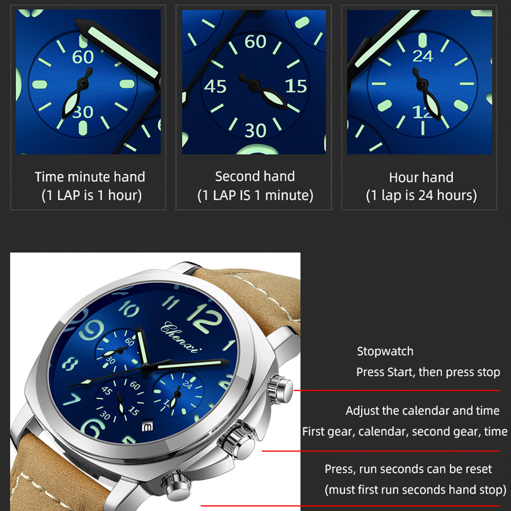 CHENXI Men Watch Multifunction - Leather Watch Band Men recension och pris